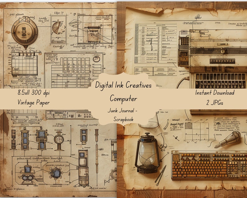 Computer Junk Art Vintage Freehand Computer Sketches Junk Journal Scrapbook Background ...