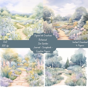 Soothing Botanical Watercolor Garden | 12x12 300 dpi 4 JPG Papers | Instant Download  Junk Journal Scrapbooking Paper Creative Paper Crafts