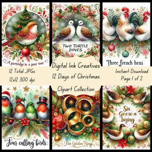 Pacchetto di clipart natalizie per 12 giorni per scrapbooking, pacchetto di clipart con titolo bonus per il diario spazzatura, pacchetto di clipart natalizie