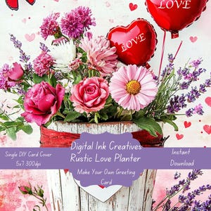 Rustieke liefde plantenbak DIY Valentijnsdag kaart Enkele kaart illustratie Wenskaartsjabloon Wenskaartillustratie Afdrukbaar Valentijnsdag