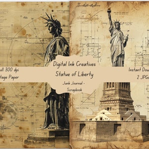 Vintage Freehand Statue of Liberty Sketches Junk Journal Scrapbook Background Paper - 8,5x11 Download instantâneo, 2 JPGs, impressão digital