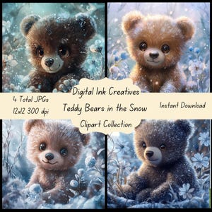 Cute Teddy Bears in the Snow Clip Art Printable high resolution Instant Download for Scrapbooking Junk Journal Creative Paper Projects