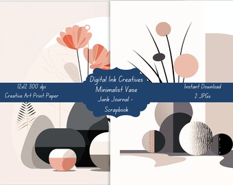 Minimalist Boho Vase Art Prints Pillow Junk Journal Paper 12x12 - Scrapbooking & Crafting, DIY Stationery, 3600x3600 Instant Download