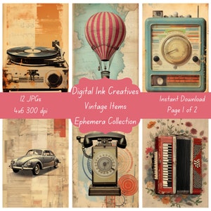 Vintage Things 12 JPG Ephemera Cards Junk Journal Scrapbooks Paper Crafts Instant Download High-Resolution Download