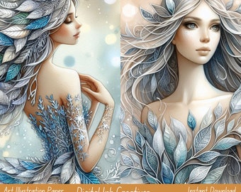 Embossed Winter Leaves Digital Papers 2 JPG Instant Download Junk Journal Scrapbooking Art Illustration 8.5x11 Crafty Art Prints 600 dpi