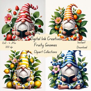 Obstige Zwerge Clipart Bundle | 4 JPGs | 12x12-Zoll-Digital-Gnom-Kunst mit Erdbeeren, Zitronen, Blaubeeren und Orangen
