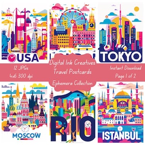 Welt Reise Postkarten Bild Ephemera Bundle für Scrapbooking Junk Journaling Karte machen Junk Journaling kreative Projekte 4x6 Postkarten
