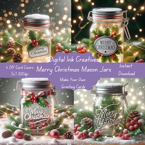 Merry Christmas Mason Jar Card Cover Templates - 4 creatieve 5 x 7 JPG's direct downloaden - afdrukbare digitale JPG's Leuke kerst