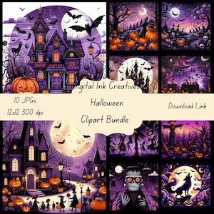 Grillige paars en oranje Halloween 10 JPGs 12 x 12 Instant Download, Scrapbooking, kleurrijke pompoenen vleermuizen monsters, leuke Halloween-clipart