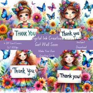 Bunte Schmetterlinge Blumen Dankeskarten-Cover-Vorlagen - 4 kreative 5x7 JPGs Sofortiger Download - Druckbare JPGs für jeden Anlass