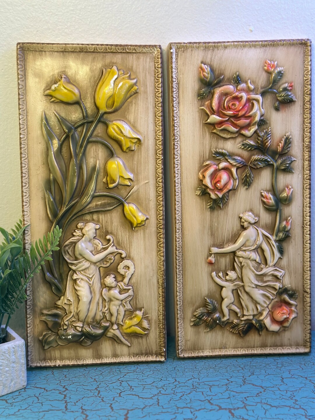 Set of 2 Vintage Four Seasons Chalkware Wall Decor Featuring spring and ...
