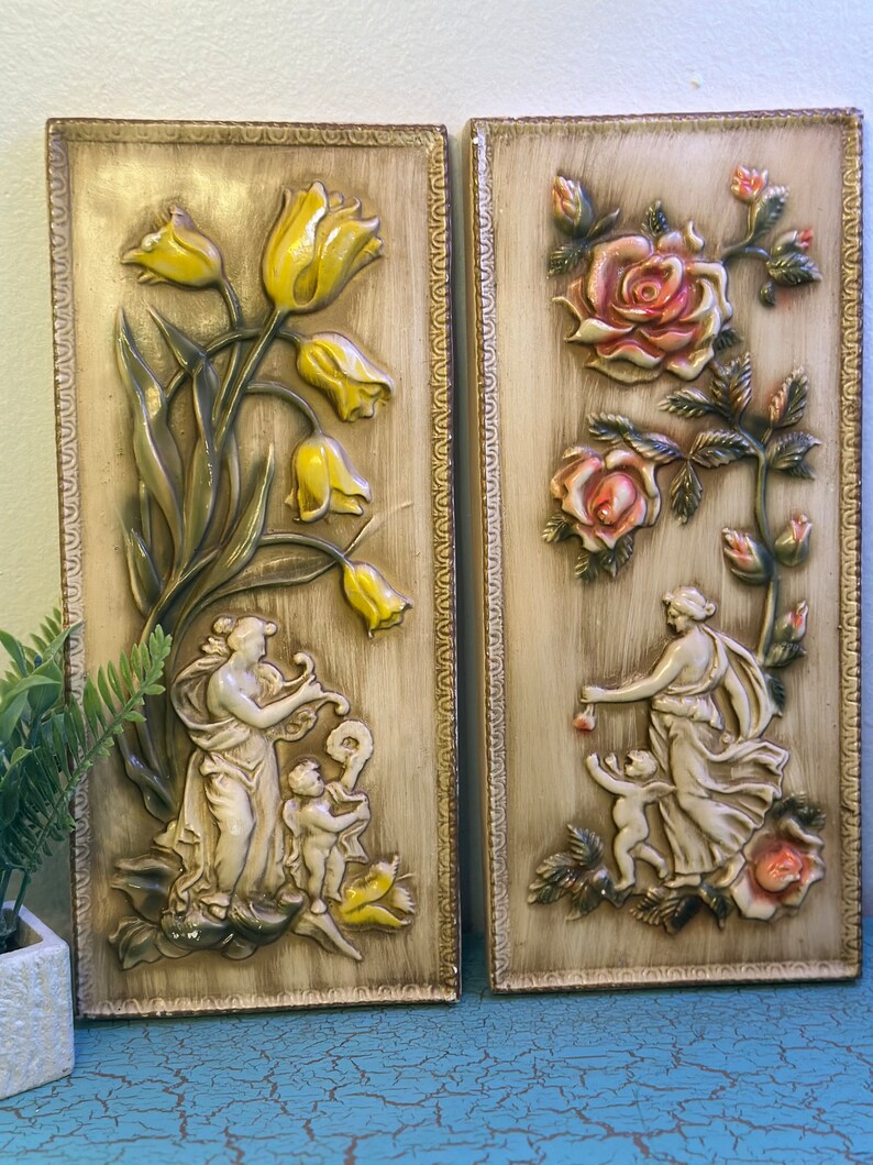Set of 2 Vintage Four Seasons Chalkware Wall Decor Featuring spring and ...