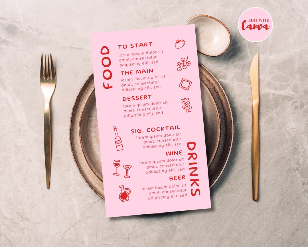 Customizable Food & Drinks Menu Template | Pink Red, DIY Canva (digital ...