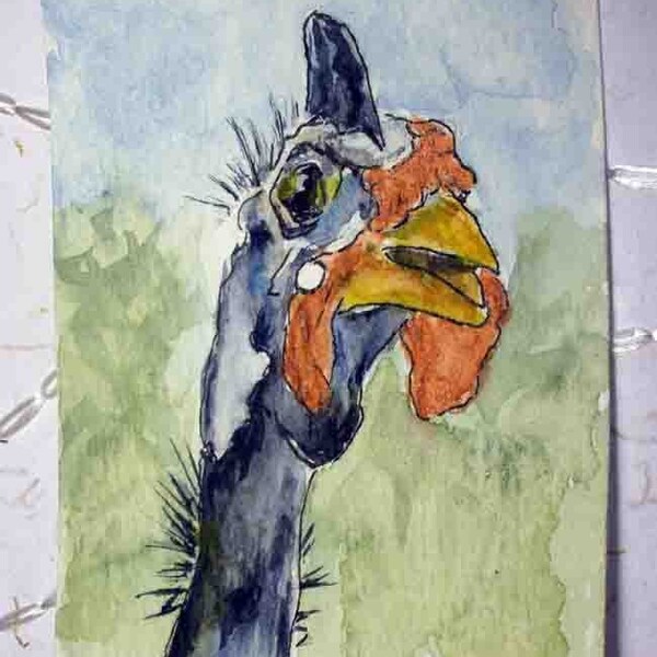 Original ACEO watercolor and ink painting of a guinea bird - Talking Back - Guinea Fowl do that very well