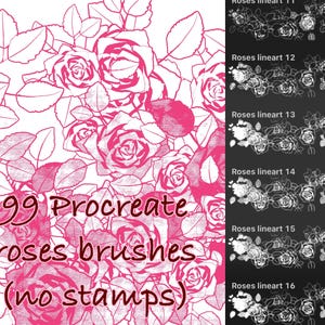 May include: A digital art graphic featuring a pink rose design with leaves and the text "99 Procreate roses brushes (no stamps)". The image also includes examples of rose line art brushes.