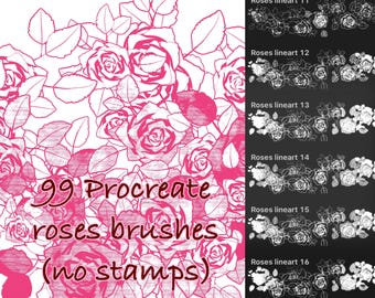 May include: A digital art graphic featuring a pink rose design with leaves and the text "99 Procreate roses brushes (no stamps)". The image also includes examples of rose line art brushes.