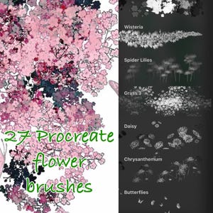 May include: Digital art brushes for Procreate featuring various flower designs. The image displays a collection of 27 flower brushes, including wisteria, spider lilies, daisies, and chrysanthemums. The text reads "27 Procreate flower brushes."
