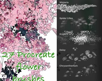 May include: Digital art brushes for Procreate featuring various flower designs. The image displays a collection of 27 flower brushes, including wisteria, spider lilies, daisies, and chrysanthemums. The text reads "27 Procreate flower brushes."
