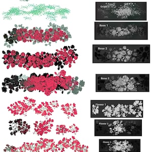 May include: A collection of botanical illustrations featuring various floral and foliage designs. The image includes detailed depictions of grass, roses, and other flowers, with accompanying text labels such as "Grass 1" and "Rose 2".