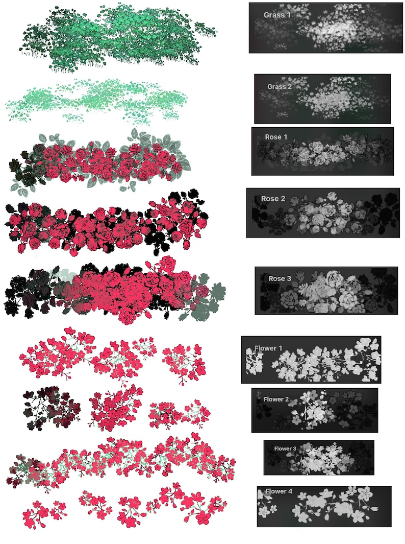 May include: A collection of botanical illustrations featuring various floral and foliage designs. The image includes detailed depictions of grass, roses, and other flowers, with accompanying text labels such as "Grass 1" and "Rose 2".