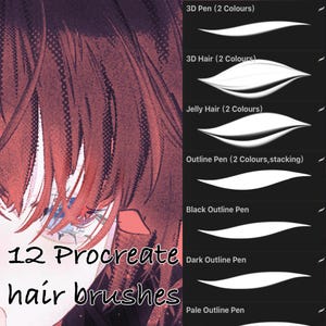 May include: Image showcasing 12 Procreate hair brushes. The image features a stylized illustration of hair with a red and brown color scheme. The text "12 Procreate hair brushes" is visible. Various brush types are listed, including 3D Pen, 3D Hair, and Outline Pen.