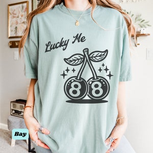 Lucky Me Cherry 8 Ball Oversized Comfort Colors Unisex T-shirt, Retro Aesthetic Summer Tee, Trendy Gen Z Shirt, Lucky y2k shirt