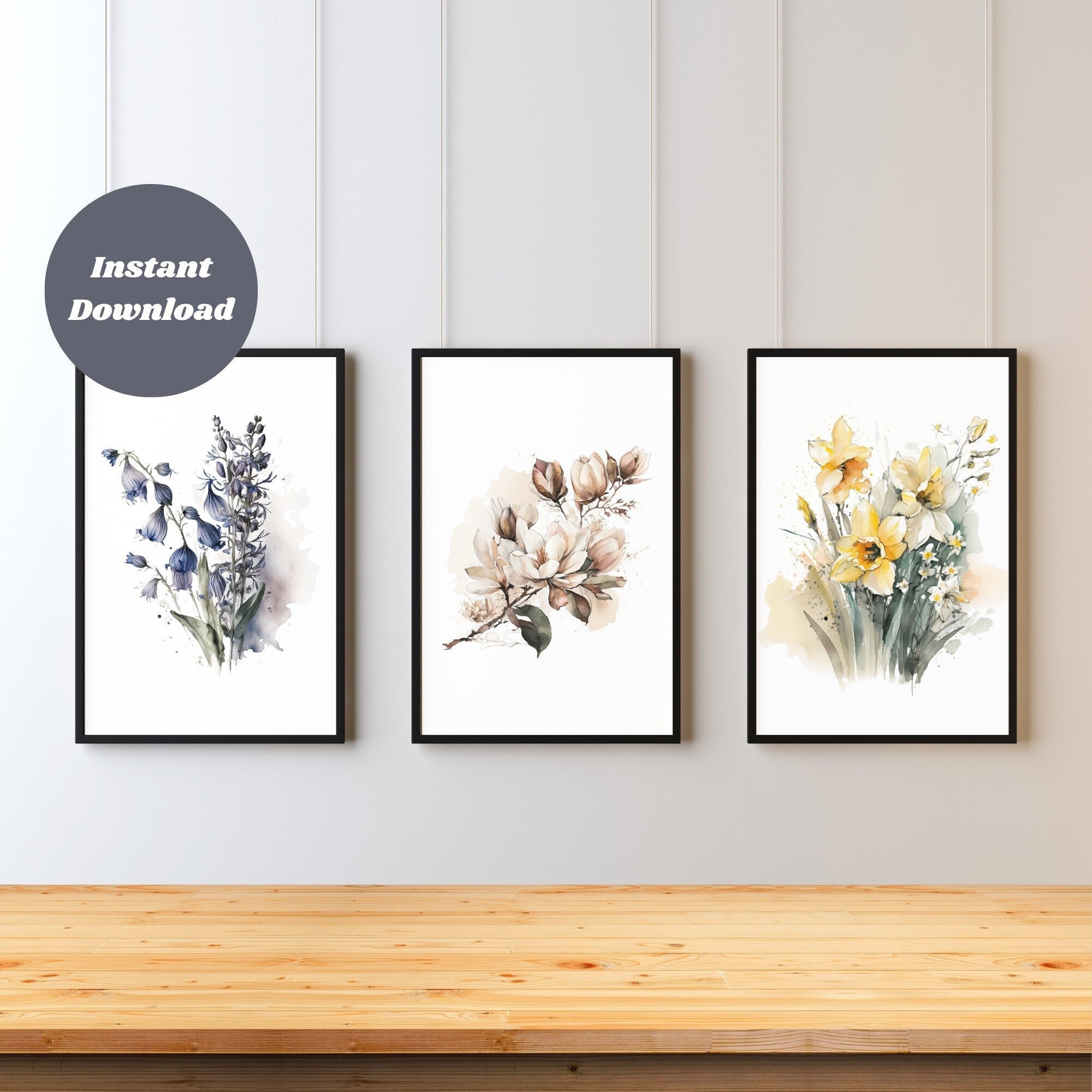 Watercolor Flower Prints Set of 3, Boho Botanical Digital Wall Art, Wildflower Gallery Wall Set, Modern Minimalist Floral Wall Decor