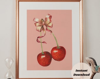 Coquette Cherries With Bow Digital Wall Art Print, Trendy Pink Bow Girly Room Decor, Aesthetic Preppy Blush Pink Printable, Dopamine Decor
