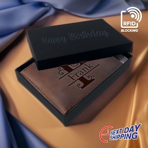 Cartera de cuero personalizada con RFID, cartera de cuero genuino grabada, regalo de aniversario para él, hombre, padre, esposo, novio