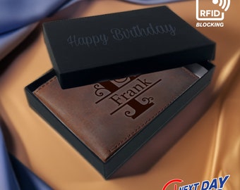 Cartera de cuero personalizada con RFID, cartera de cuero genuino grabada, regalo de aniversario para él, hombre, padre, esposo, novio