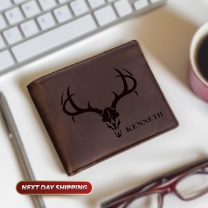 Cartera con calavera de ciervo y nombre personalizado, cartera para él para San Valentín, cartera de cuero para cazar, cartera con nombre personalizado, regalo del día del padre para papá
