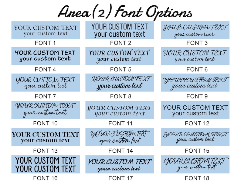 Puede incluir: Un gr&aacute;fico que muestra 18 opciones de fuentes para texto personalizado. Cada fuente se muestra en un rect&aacute;ngulo azul claro con las palabras "YOUR CUSTOM TEXT" y "your custom text" en varios estilos. El t&iacute;tulo dice "Area (2) Font Options".