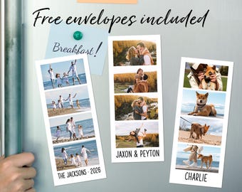 May include: Fridge magnets with photo strips. One magnet shows a family at the beach, labelled "THE JACKSONS - 2026." Another shows a couple, labelled "JAXON & PEYTON." The third magnet displays a dog, labelled "CHARLIE." The text "Free envelopes included" is at the top.