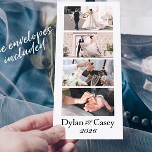 May include: A white wedding invitation card with four photo panels. The card features images of a couple, champagne, and rings. The names "Dylan & Casey" and the year "2026" are printed at the bottom. The words "Free envelopes included" are written in cursive.