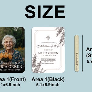 Puede incluir: Un conjunto conmemorativo con una foto de una mujer sonriente, una tarjeta con dise&ntilde;os florales y un palito de madera. La tarjeta fotogr&aacute;fica mide 13 x 17,5 cm, la otra tarjeta es del mismo tama&ntilde;o y el palito mide 15 cm de largo.