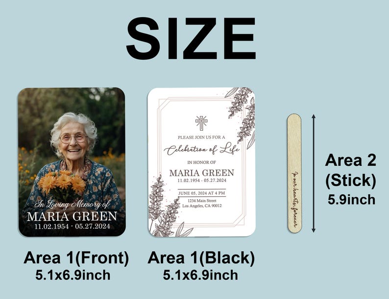 Puede incluir: Un conjunto conmemorativo con una foto de una mujer sonriente, una tarjeta con dise&ntilde;os florales y un palito de madera. La tarjeta fotogr&aacute;fica mide 13 x 17,5 cm, la otra tarjeta es del mismo tama&ntilde;o y el palito mide 15 cm de largo.