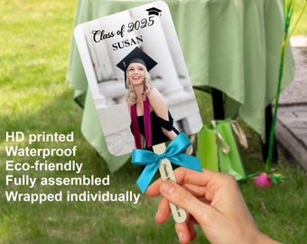 Custom Photo Graduation Party Favor Hand Fans, Congrats Grad Photo Fans, Class of 2025 Graduation Gift, Celebration Fan with Engraved Handle