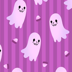 May include: A repeating pattern of cartoon ghosts and candy corn on a striped purple background. The ghosts are light pink with black eyes and mouths. The candy corn is pink and white. A black lace border frames the top and bottom.