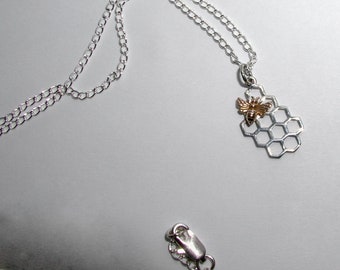 Honeycomb Heart & Honey Bee Sterling Silver Necklace