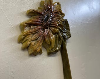Sunflower Flower Ceramic Sculpture Art Tile Plaque, Sondra Alexander in stock USA