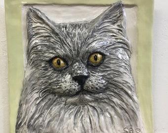 longhair Cat Tile CERAMIC Pet Portrait Sculpture 3d Animal Art Tile Plaque FUNCTIONAL Art by Sondra Alexander In Stock Made in USA