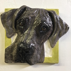 Great Dane Dog CERAMIC Pet Portrait Sculpture 3d Animal Art Tile Plaque FUNCTIONAL ART by Sondra Alexander In Stock