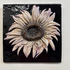 Sunflower Flower Ceramic Sculpture Art Tile Plaque, Sondra Alexander in stock USA
