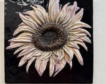 Sunflower Flower Ceramic Sculpture Art Tile Plaque, Sondra Alexander in stock USA