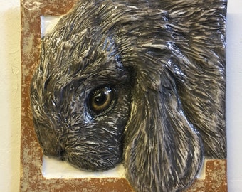 Lop Ear Bunny Rabbit Tile CERAMIC Portrait Sculpture 3d Art Tile Plaque FUNCTIONAL ART by Sondra Alexander In Stock
