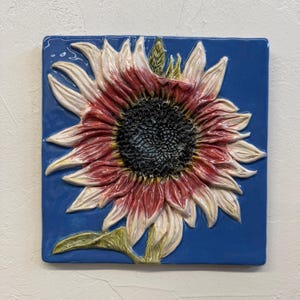 Sunflower Flower Ceramic Sculpture Art Tile Plaque, Sondra Alexander in stock USA