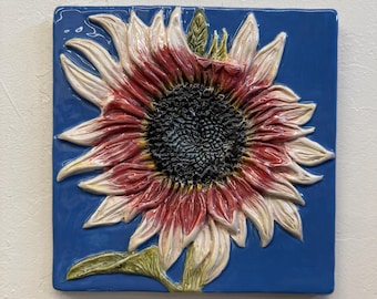 Sunflower Flower Ceramic Sculpture Art Tile Plaque, Sondra Alexander in stock USA