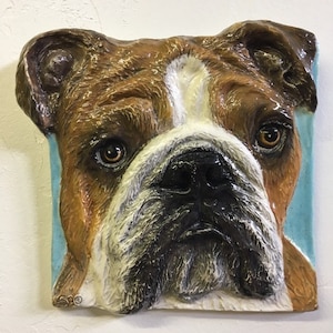 English Bulldog Puppy Dog CERAMIC Pet Portrait In Stock Sculpture 3D Animal Art Tile Plaque FUNCTIONAL by Sondra Alexander Art Made in USA
