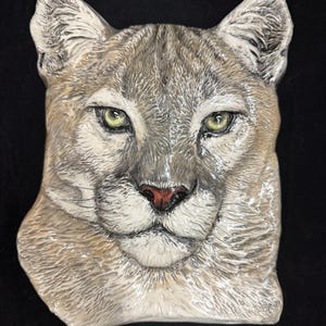 Cougar Mountain Lion BIG Cat Ceramic 3-d Tile sculpture Portrait Tile Sondra Alexander Art In Stock Made in USA