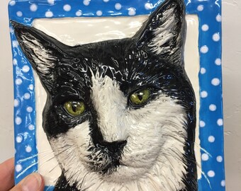 Shorthair Cat Tile CERAMIC Pet Portrait Sculpture 3d Animal Art Tile Plaque FUNCTIONAL ART by Sondra Alexander In Stock